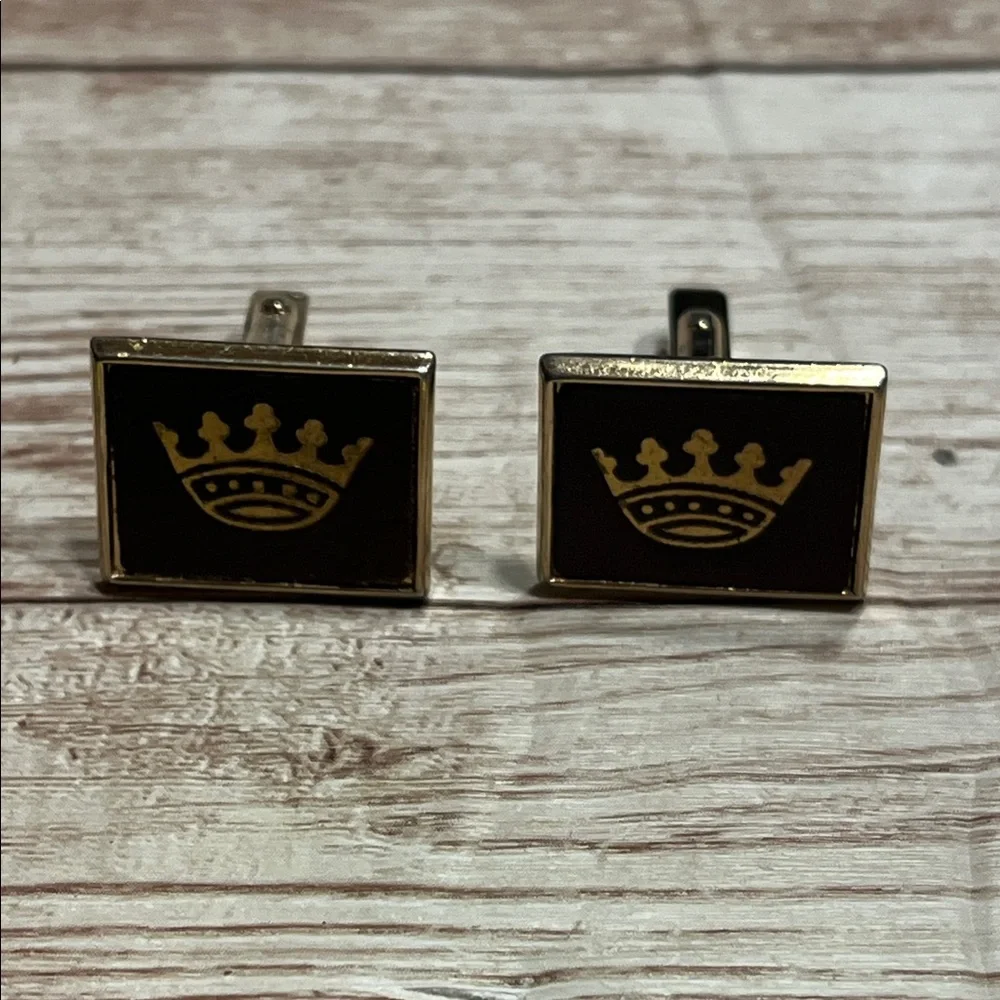 Vintage SWANK Gold and Black Crown Cufflinks